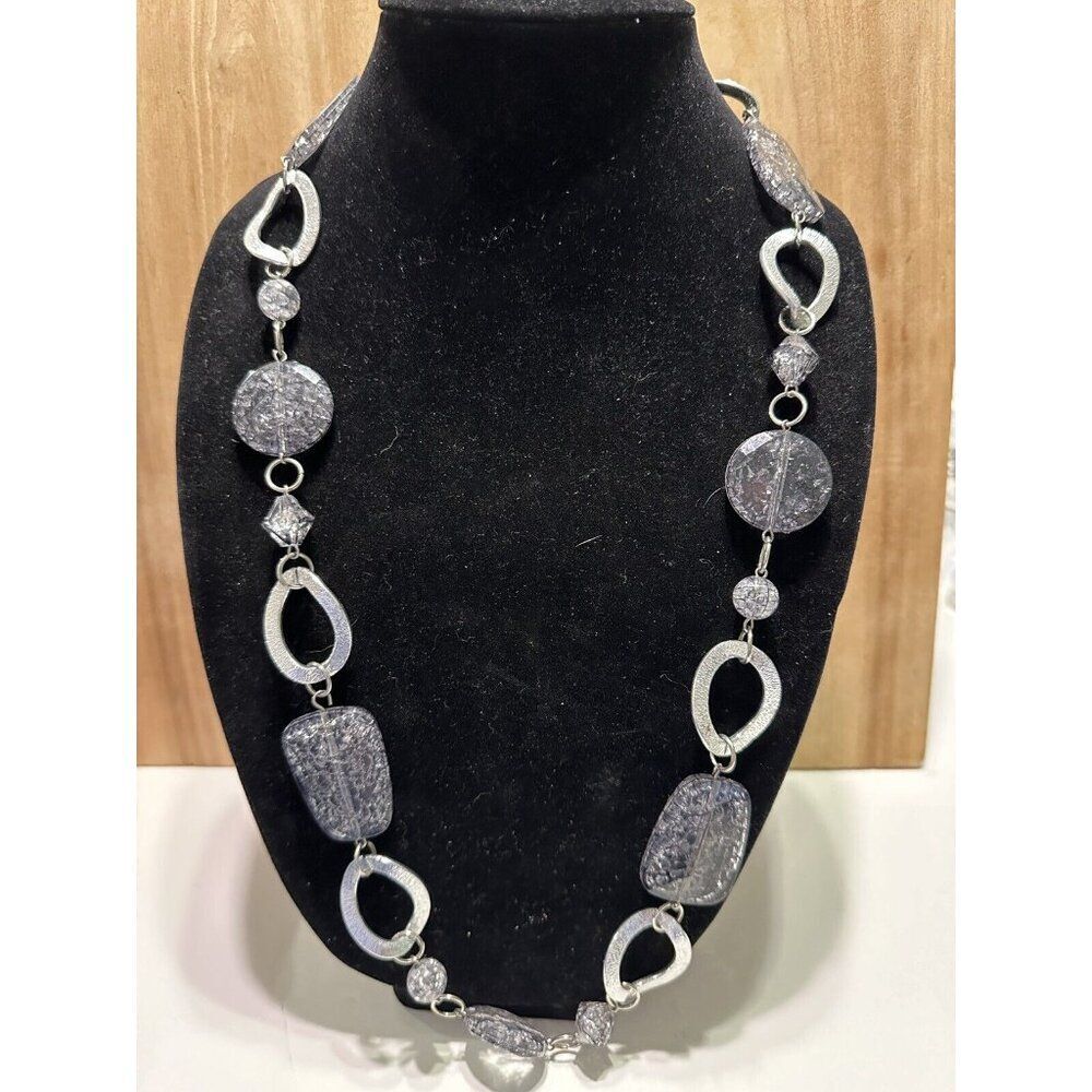 Silver Tone Round Black Crackle Resin Necklace Boho Statement Glamour Slip on